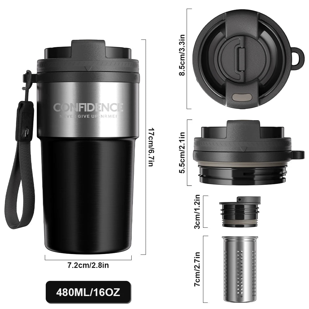 Insulated Coffee Travel Tumbler 16 oz, Ceramic liner Coffee Cup Outdoor Portable Coffee Bottle Capacity 480ML,Keep Hot for 12H