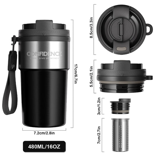 Insulated Coffee Travel Tumbler 16 oz, Ceramic liner Coffee Cup Outdoor Portable Coffee Bottle Capacity 480ML,Keep Hot for 12H